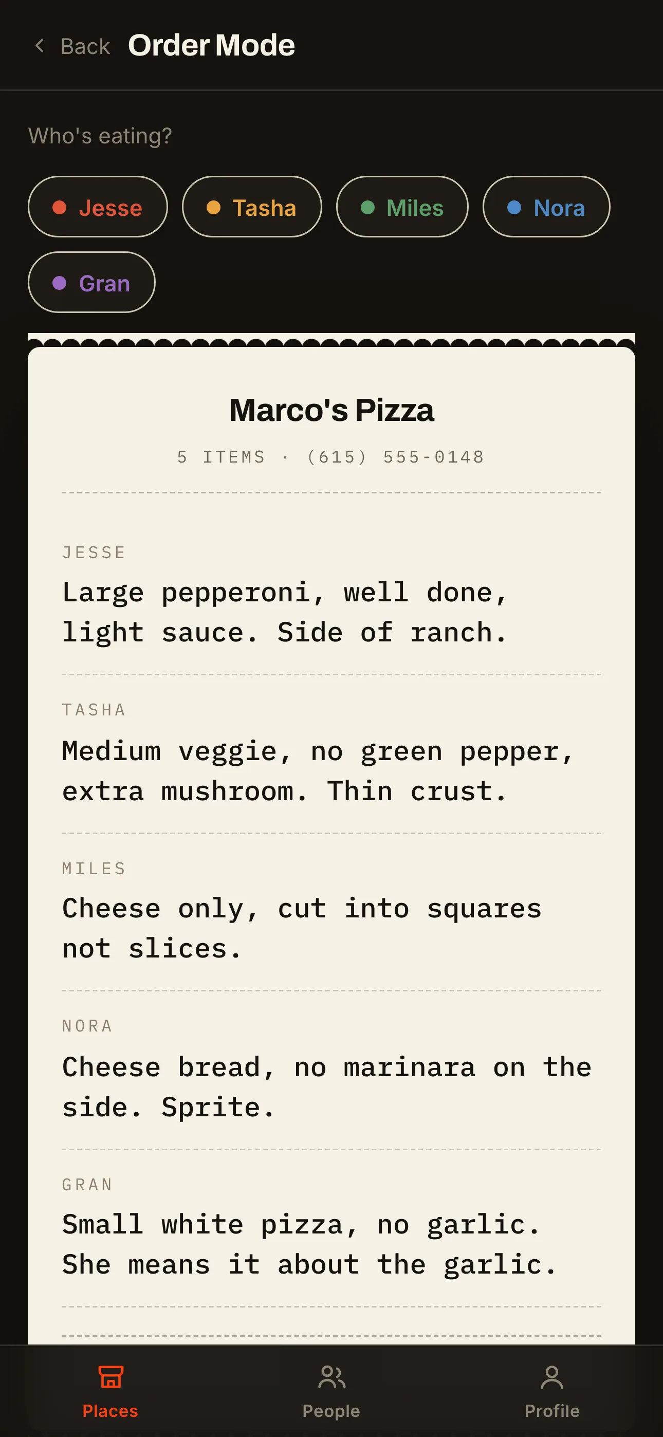 Order Mode showing a printed receipt of every person's order at Marco's Pizza