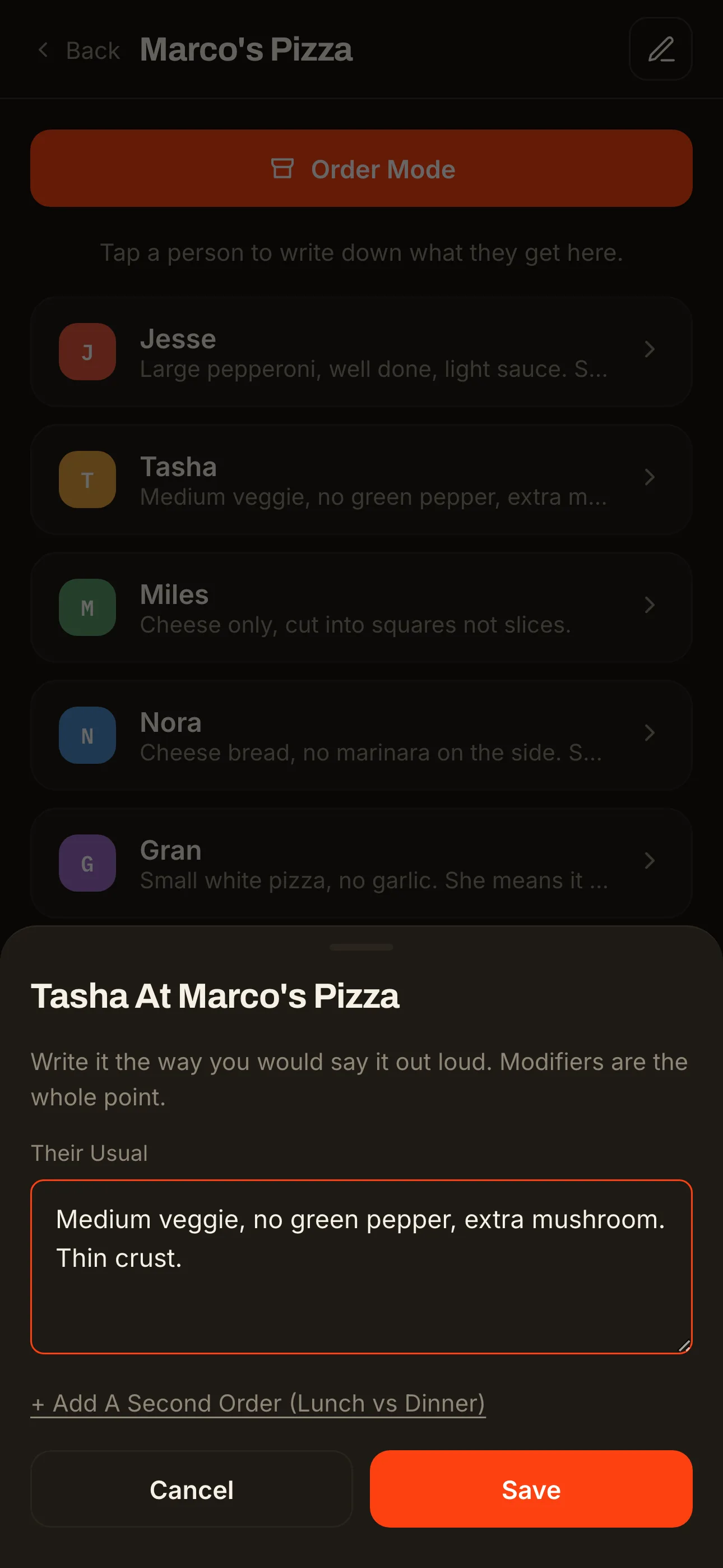 Writing one person's usual as free text with modifiers